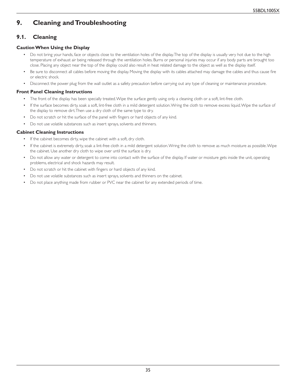 Cleaning and troubleshooting, Cleaning | Philips BDL1005X 55" Class Full HD IPS LED Video Wall Display (2x2 Videowall Bundle) User Manual | Page 45 / 50