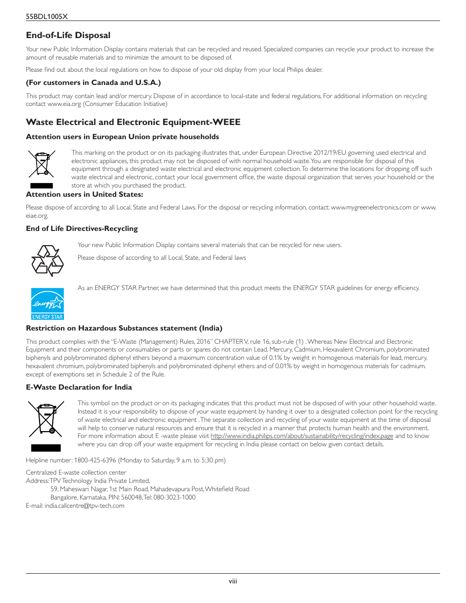 End-of-life disposal, Waste electrical and electronic equipment-weee | Philips BDL1005X 55" Class Full HD IPS LED Video Wall Display (2x2 Videowall Bundle) User Manual | Page 8 / 50