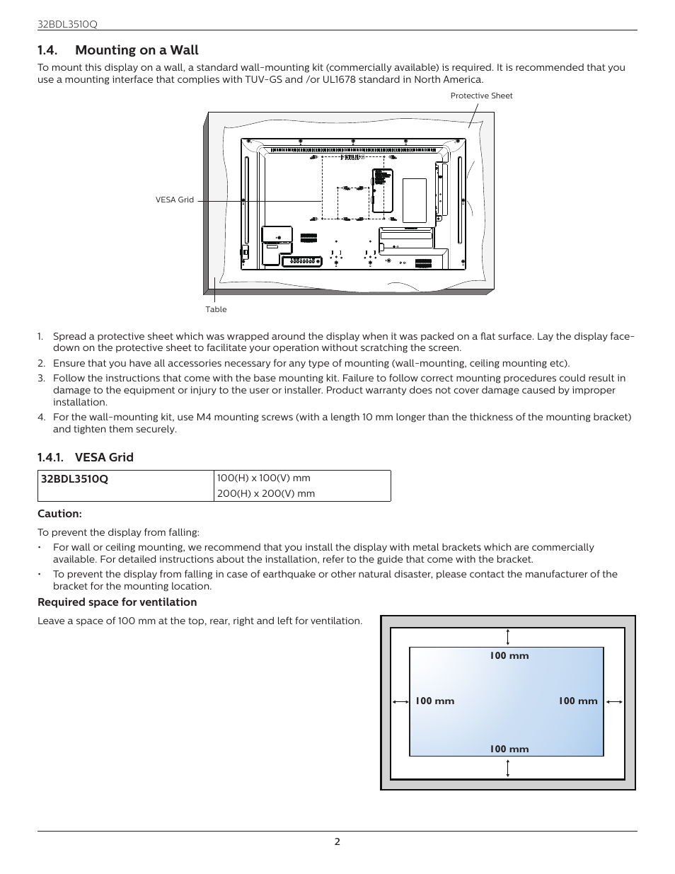 Mounting on a wall, Vesa grid | Philips Q-Line 32BDL3510Q 32" Full HD Digital Signage Display User Manual | Page 11 / 39