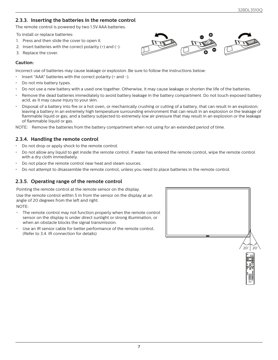 Inserting the batteries in the remote control, Handling the remote control, Operating range of the remote control | Inserting the batteries in the remote, Control | Philips Q-Line 32BDL3510Q 32" Full HD Digital Signage Display User Manual | Page 16 / 39