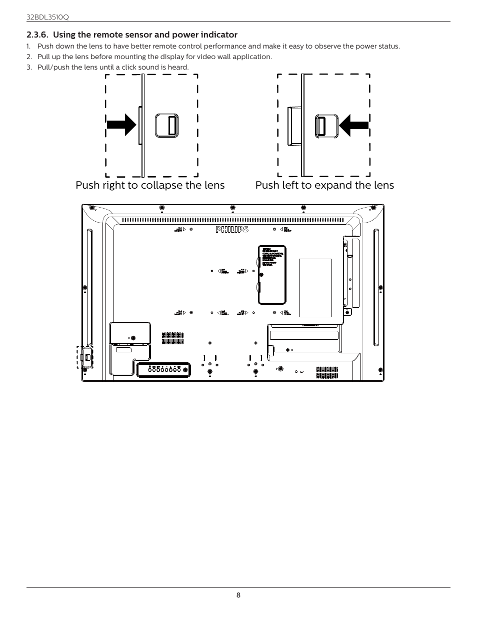 Using the remote sensor and power indicator, Using the remote sensor and power, Indicator | Philips Q-Line 32BDL3510Q 32" Full HD Digital Signage Display User Manual | Page 17 / 39