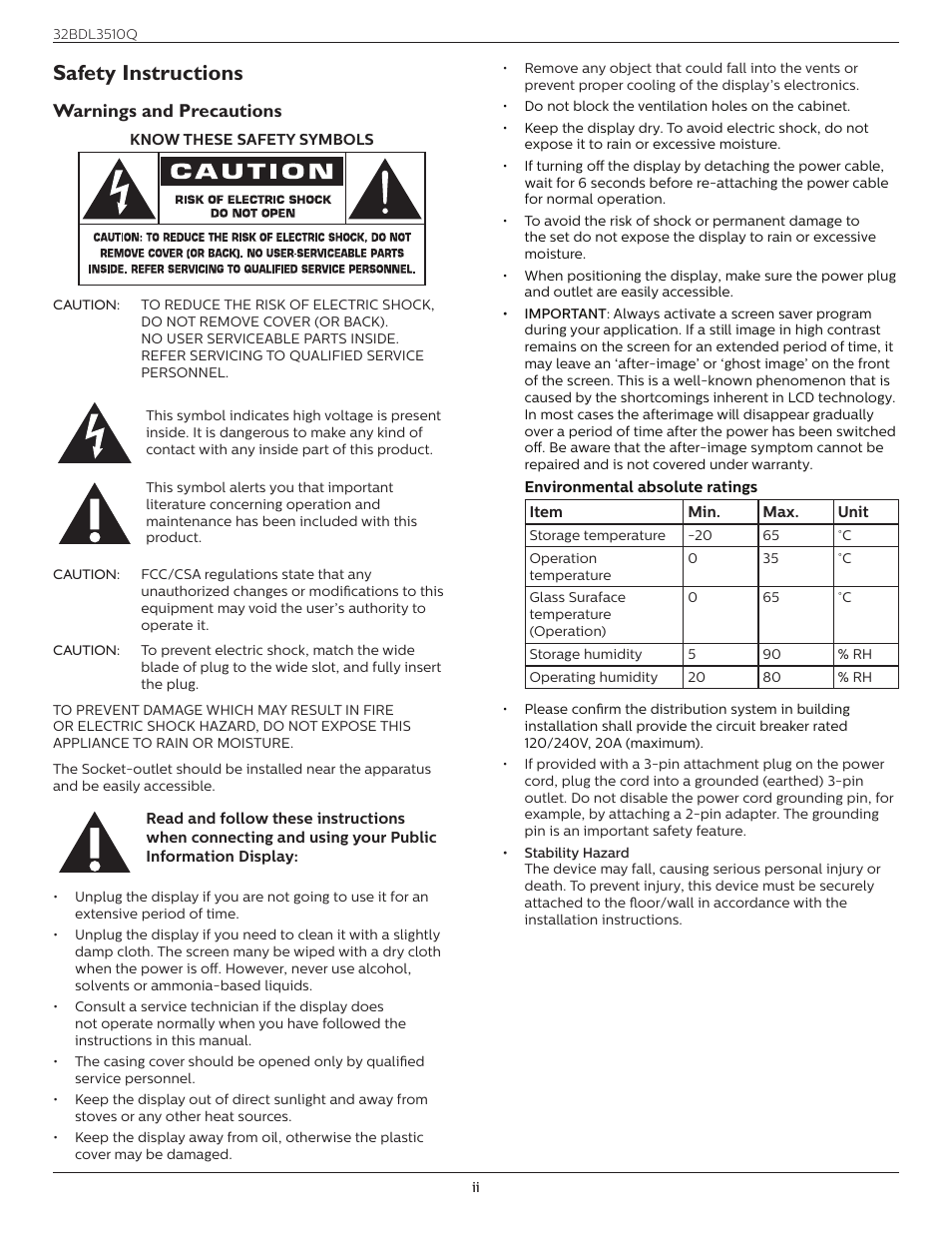 Safety instructions, Warnings and precautions | Philips Q-Line 32BDL3510Q 32" Full HD Digital Signage Display User Manual | Page 2 / 39