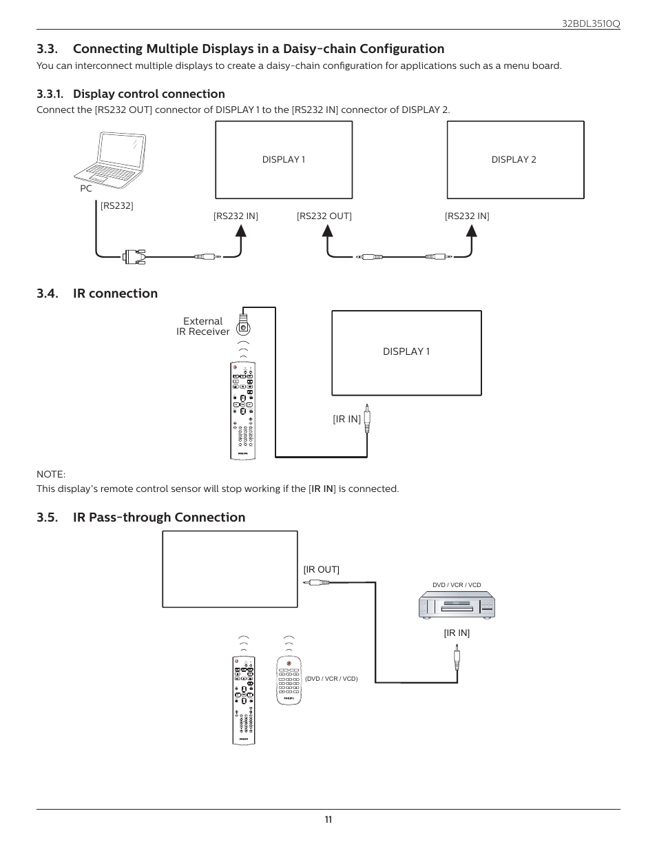 Display control connection, Ir connection, Ir pass-through connection | Connecting multiple displays in a daisy, Ir connection 3.5. ir pass-through connection, Remote control, Ir out] [ir in | Philips Q-Line 32BDL3510Q 32" Full HD Digital Signage Display User Manual | Page 20 / 39