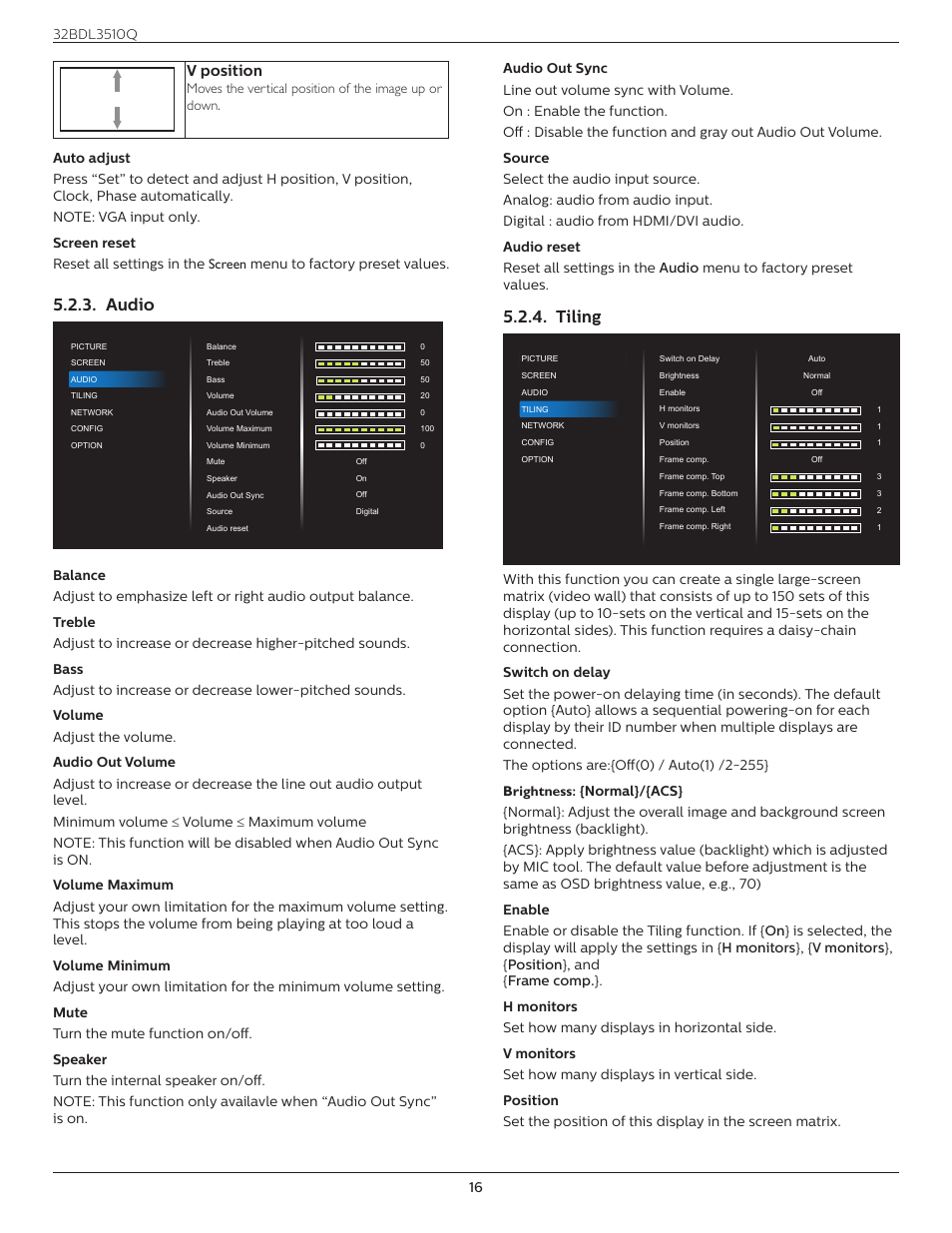 Audio, Tiling, V position | Philips Q-Line 32BDL3510Q 32" Full HD Digital Signage Display User Manual | Page 25 / 39