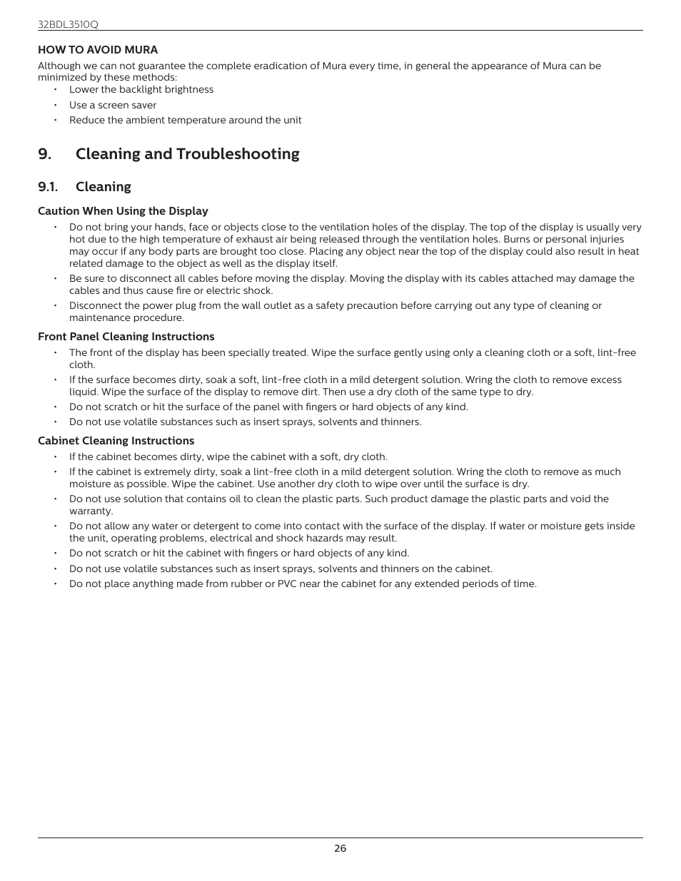 Cleaning and troubleshooting, Cleaning, Cleaning and troubleshooting 9.1. cleaning | Philips Q-Line 32BDL3510Q 32" Full HD Digital Signage Display User Manual | Page 35 / 39