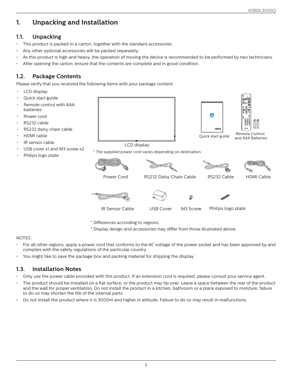 Unpacking and installation, Unpacking, Package contents | Installation notes | Philips Q-Line 65BDL3550Q 65" 4K IPS Digital Signage Display User Manual | Page 12 / 68