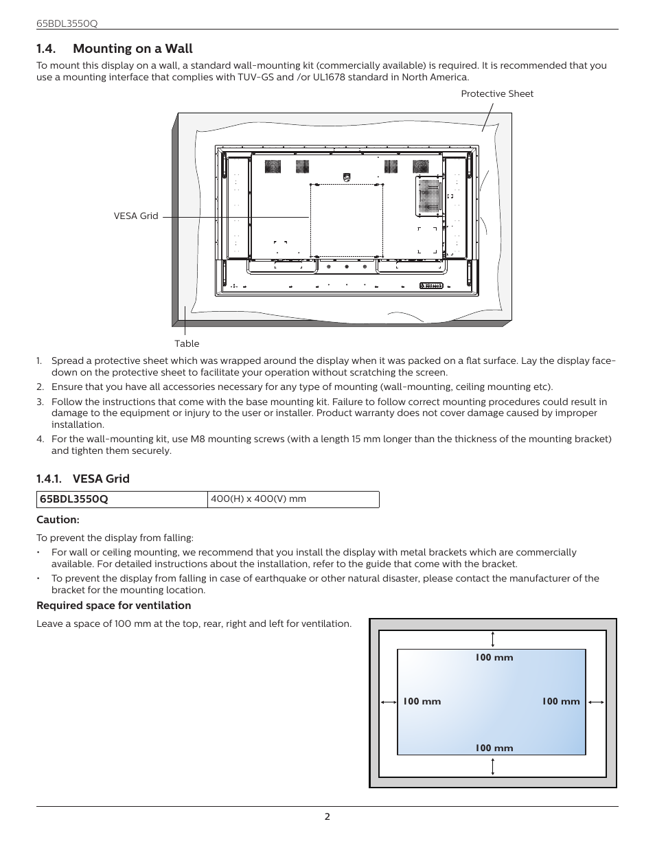 Mounting on a wall, Vesa grid | Philips Q-Line 65BDL3550Q 65" 4K IPS Digital Signage Display User Manual | Page 13 / 68