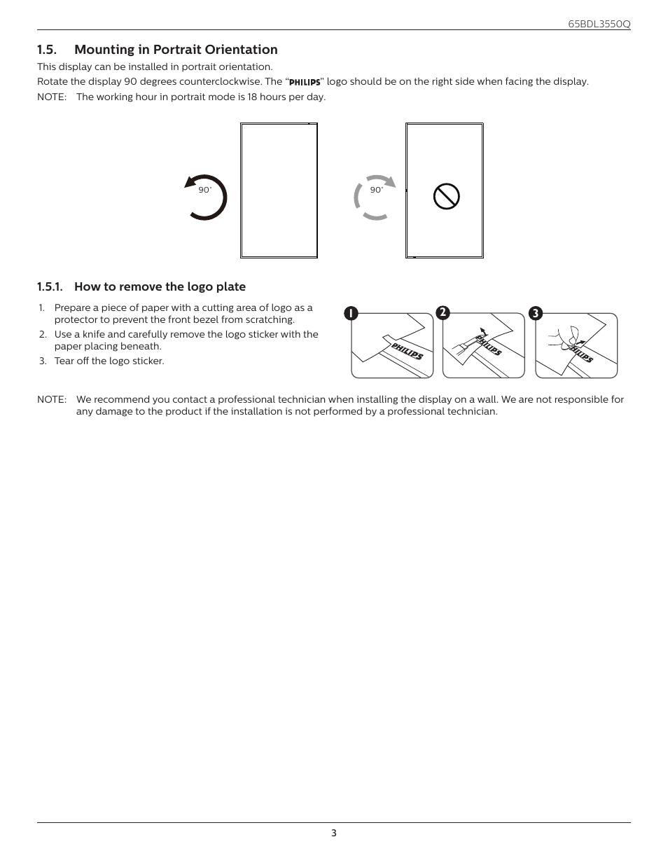 Mounting in portrait orientation, How to remove the logo plate | Philips Q-Line 65BDL3550Q 65" 4K IPS Digital Signage Display User Manual | Page 14 / 68