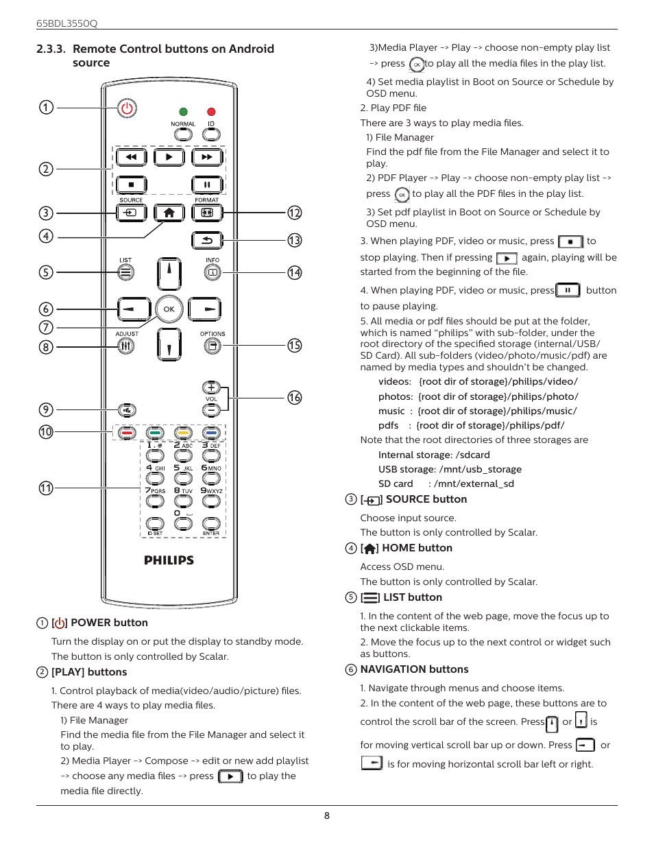 Remote control buttons on android source, Remote control buttons on android, Source | Philips Q-Line 65BDL3550Q 65" 4K IPS Digital Signage Display User Manual | Page 19 / 68
