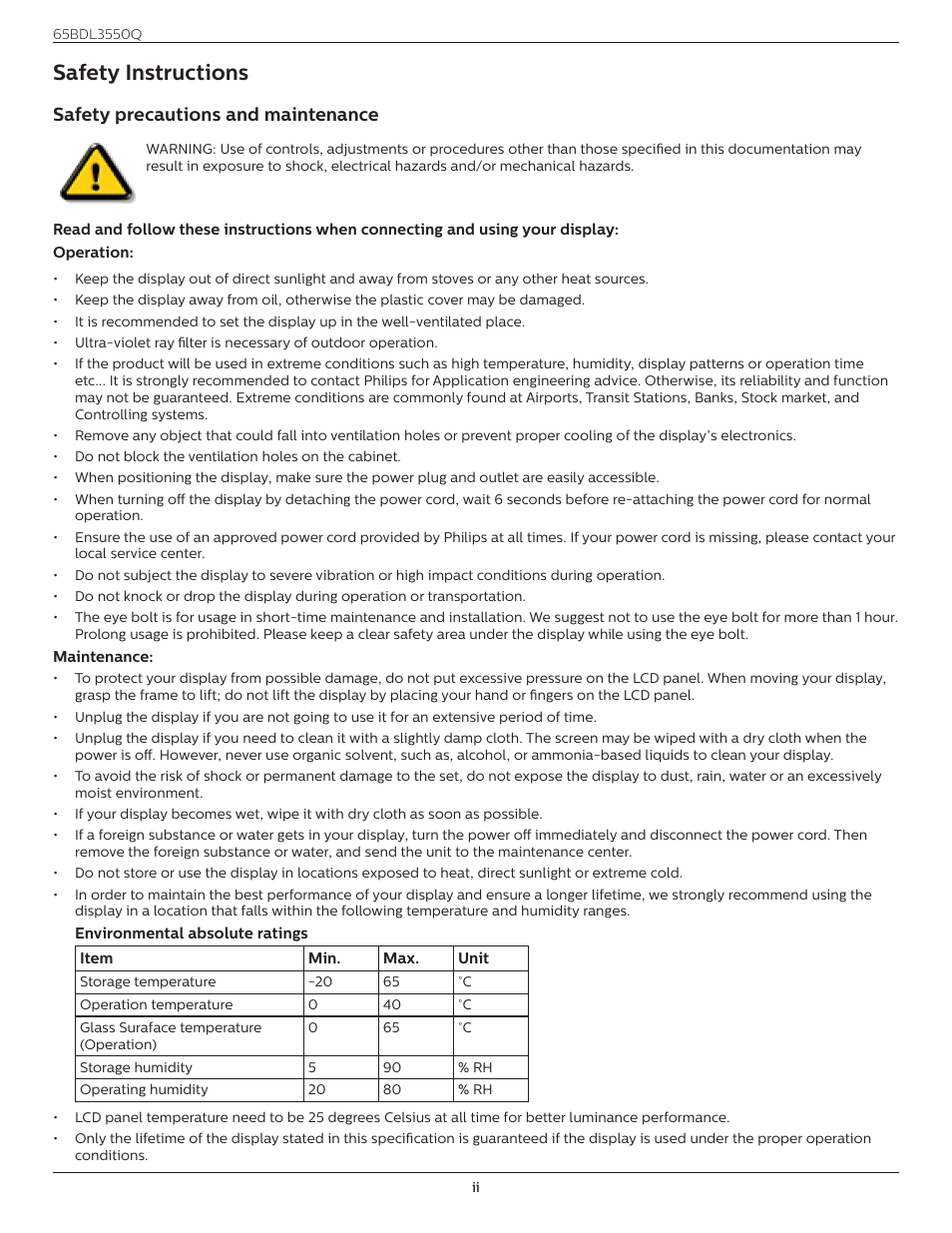 Safety instructions, Safety precautions and maintenance | Philips Q-Line 65BDL3550Q 65" 4K IPS Digital Signage Display User Manual | Page 2 / 68