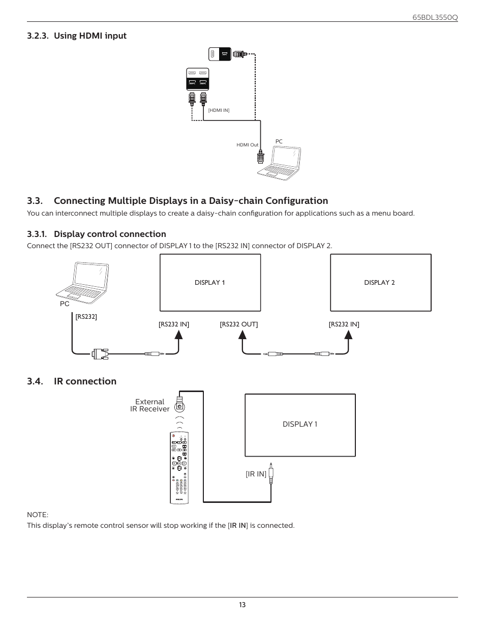 Using hdmi input, Display control connection, Ir connection | Connecting multiple displays in a daisy | Philips Q-Line 65BDL3550Q 65" 4K IPS Digital Signage Display User Manual | Page 24 / 68