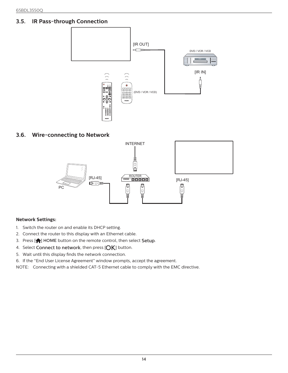 Ir pass-through connection, Wire-connecting to network, Network settings | Setup, Connect to network, Button on the remote control, then select, Select | Philips Q-Line 65BDL3550Q 65" 4K IPS Digital Signage Display User Manual | Page 25 / 68