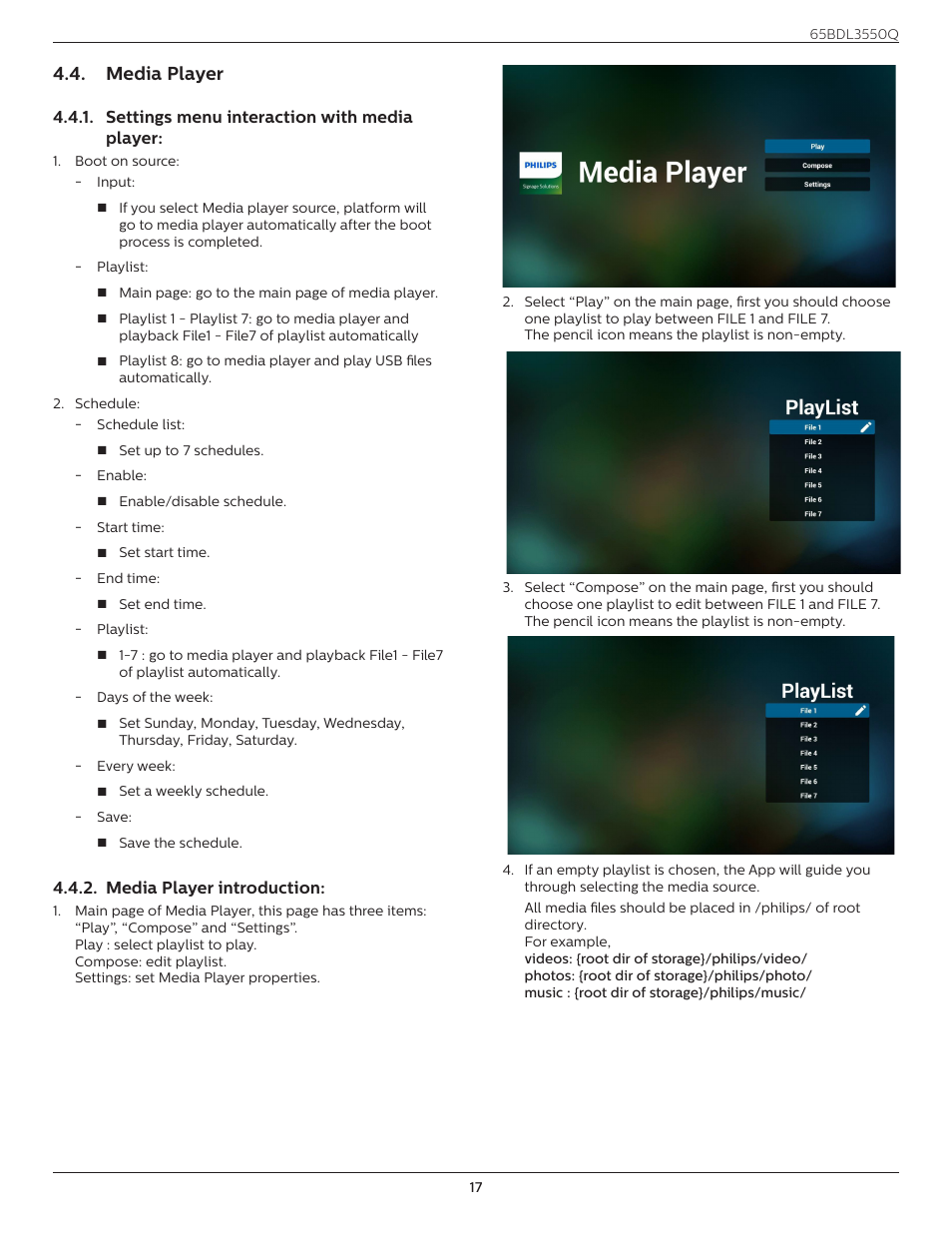 Media player, Settings menu interaction with media player, Media player introduction | Settings menu interaction with | Philips Q-Line 65BDL3550Q 65" 4K IPS Digital Signage Display User Manual | Page 28 / 68
