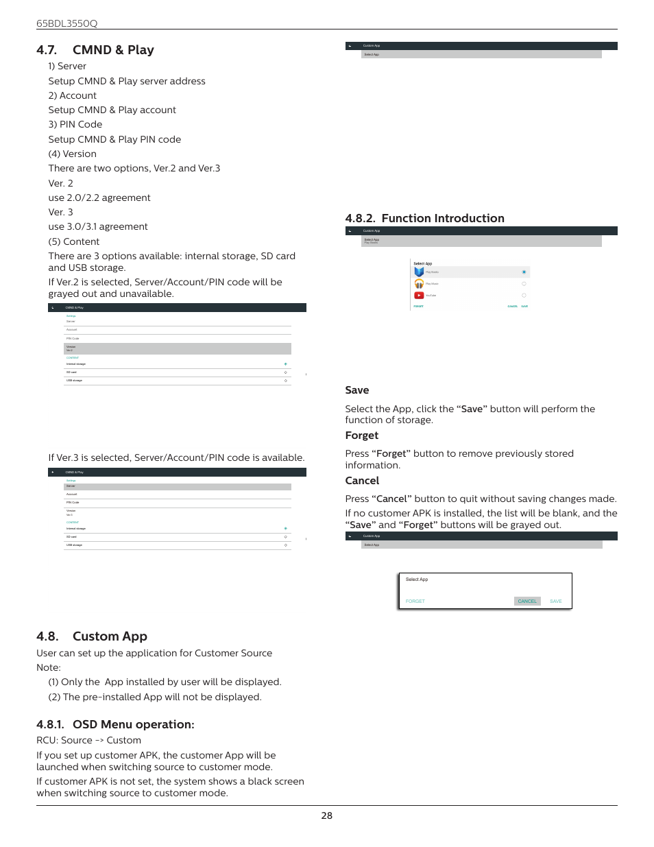 Cmnd & play, Custom app, Osd menu operation | Function introduction, Cmnd & play 4.8. custom app, Osd menu operation: 4.8.2. function introduction, Save, Forget, Cancel | Philips Q-Line 65BDL3550Q 65" 4K IPS Digital Signage Display User Manual | Page 39 / 68