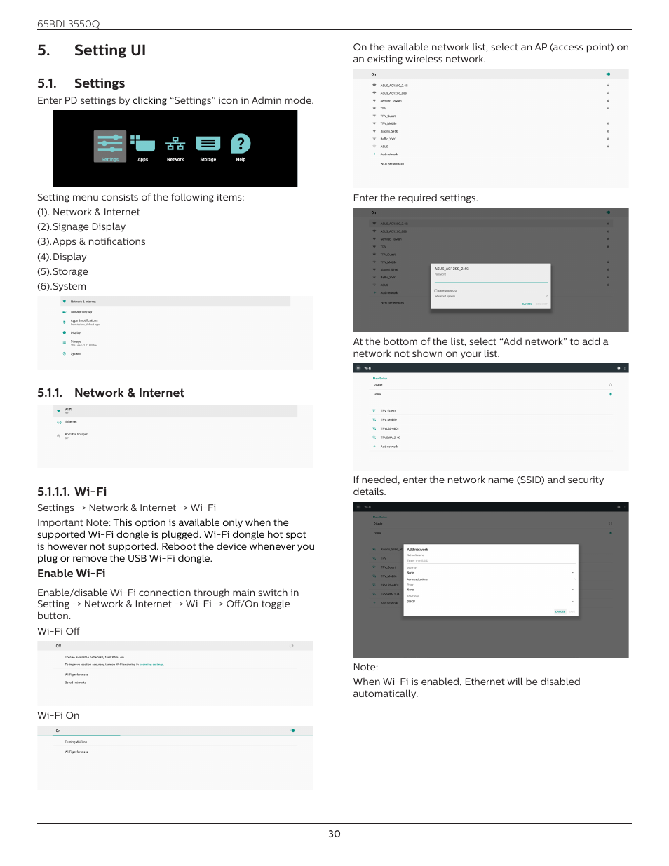 Setting ui, Settings, Network & internet | Setting ui 5.1. settings | Philips Q-Line 65BDL3550Q 65" 4K IPS Digital Signage Display User Manual | Page 41 / 68