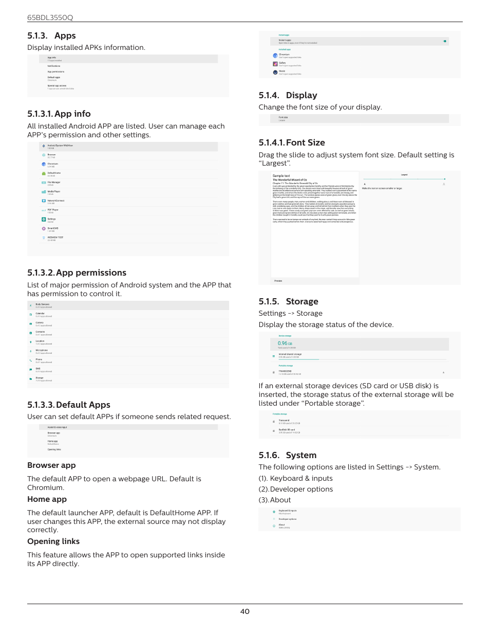 Goback, Apps, Display | Storage, System, Apps 5.1.4. display 5.1.5. storage 5.1.6. system | Philips Q-Line 65BDL3550Q 65" 4K IPS Digital Signage Display User Manual | Page 51 / 68