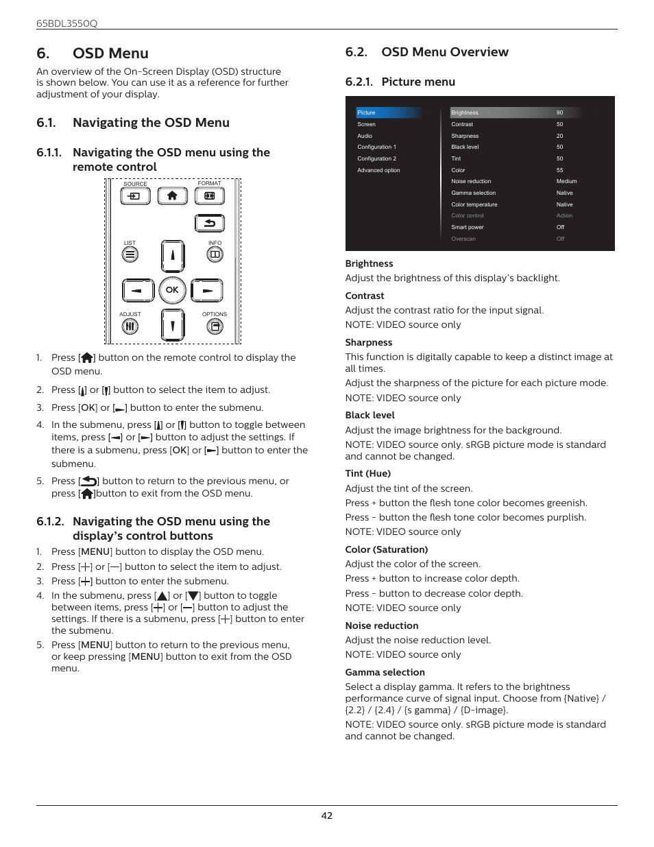 Osd menu, Navigating the osd menu, Navigating the osd menu using the remote control | Osd menu overview, Picture menu, Navigating the osd menu using the, Remote control, Display’s control buttons | Philips Q-Line 65BDL3550Q 65" 4K IPS Digital Signage Display User Manual | Page 53 / 68