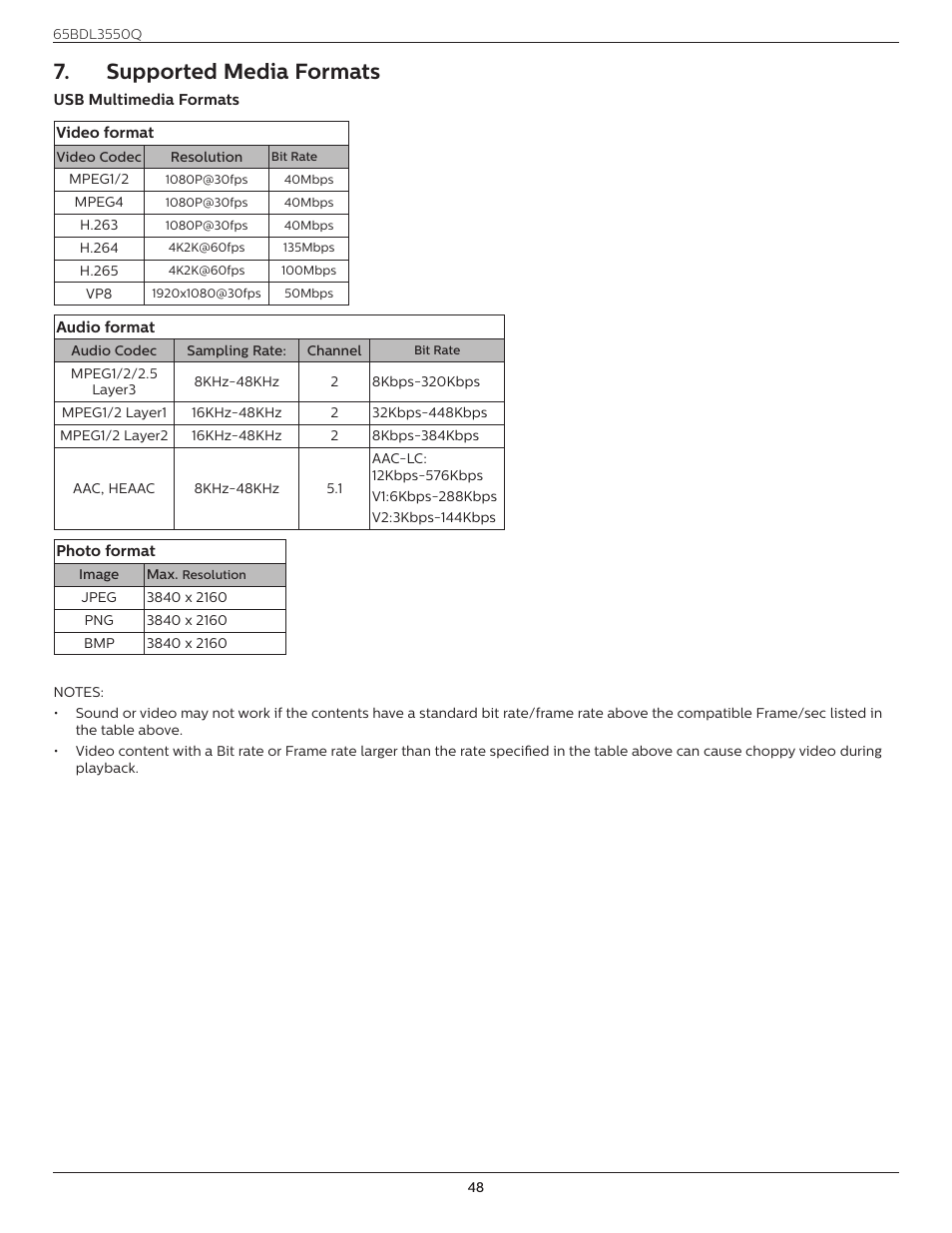 Supported media formats | Philips Q-Line 65BDL3550Q 65" 4K IPS Digital Signage Display User Manual | Page 59 / 68