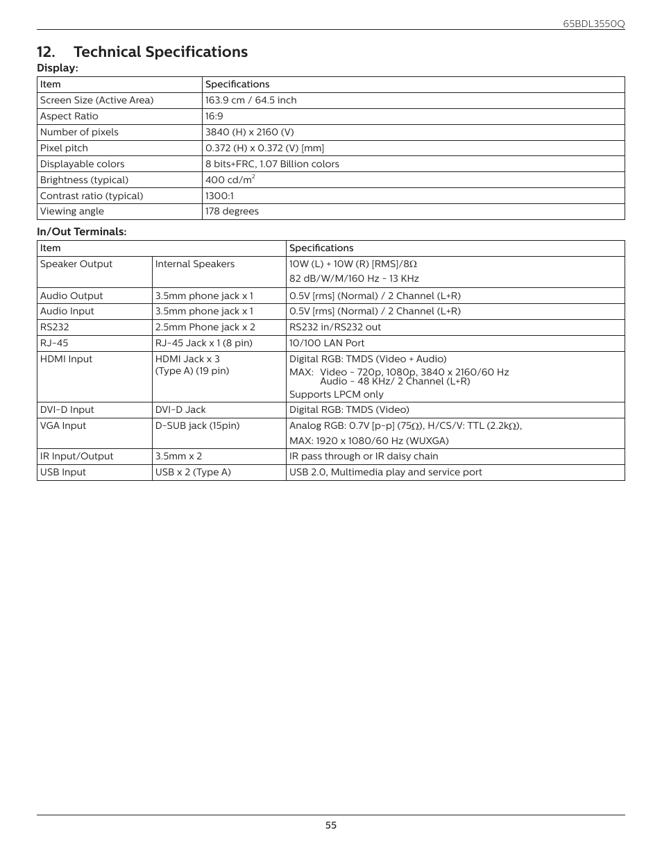 Technical specifications | Philips Q-Line 65BDL3550Q 65" 4K IPS Digital Signage Display User Manual | Page 66 / 68