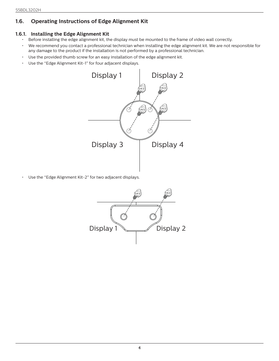 Operating instructions of edge alignment kit, Installing the edge alignment kit, Operating instructions of edge alignment | Kit 1.6.1. installing the edge alignment kit, Display 1 display 2 display 3 display 4, Display 1 display 2 | Philips H-Line 55BDL3202H 55" Full HD Digital Signage LED Display User Manual | Page 15 / 47