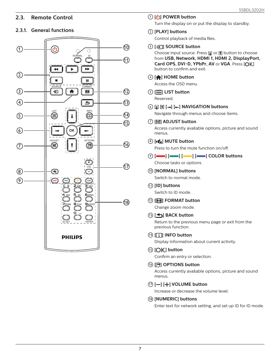 Remote control, General functions | Philips H-Line 55BDL3202H 55" Full HD Digital Signage LED Display User Manual | Page 18 / 47