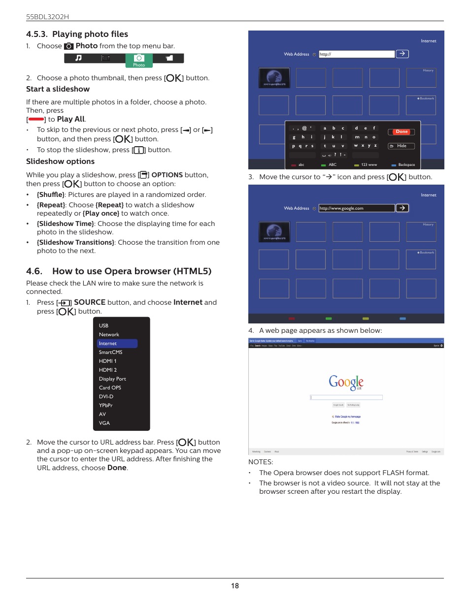 Playing photo files, How to use opera browser (html5), Photo | Start a slideshow, Play all, Slideshow options, Source, Internet, Done, Choose | Philips H-Line 55BDL3202H 55" Full HD Digital Signage LED Display User Manual | Page 29 / 47