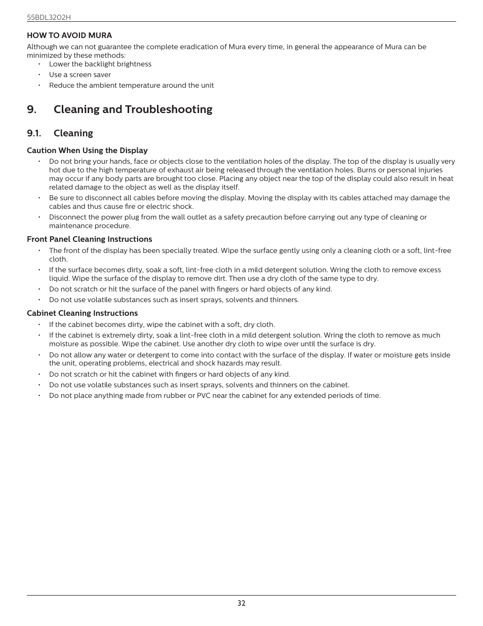 Cleaning and troubleshooting, Cleaning, Cleaning and troubleshooting 9.1. cleaning | Philips H-Line 55BDL3202H 55" Full HD Digital Signage LED Display User Manual | Page 43 / 47