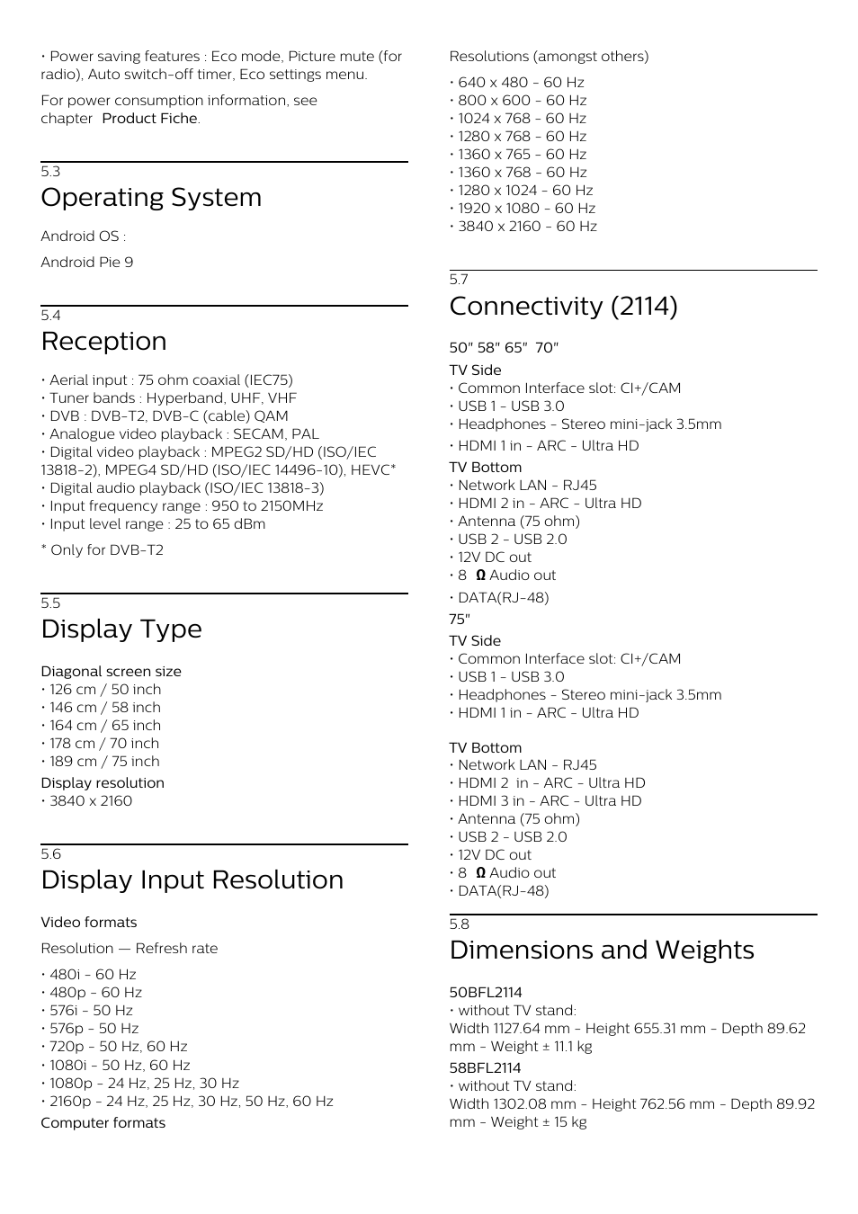 3 - operating system, 4 - reception, 5 - display type | 6 - display input resolution, 7 - connectivity (2114), 8 - dimensions and weights, 3 operating system, 4 reception, 5 display type, 6 display input resolution | Philips 70" B-Line 70BFL2114 4K UHD Digital Signage Display User Manual | Page 10 / 194