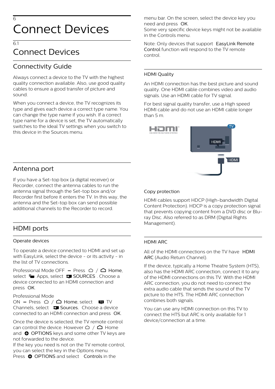 6 - connect devices, 1 - connect devices, 6 connect devices | 1 connect devices, Connect devices, Connectivity guide, Antenna port, Hdmi ports | Philips 70" B-Line 70BFL2114 4K UHD Digital Signage Display User Manual | Page 12 / 194