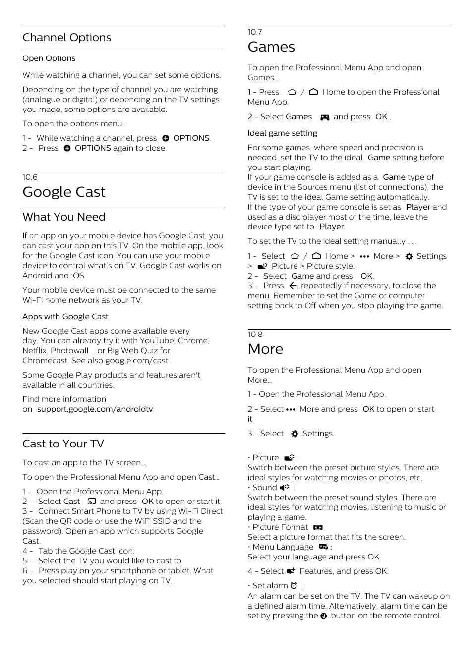 6 - google cast, 7 - games, 8 - more | 6 google cast, 7 games, 8 more, Google cast, Games, More, Channel options | Philips 70" B-Line 70BFL2114 4K UHD Digital Signage Display User Manual | Page 24 / 194