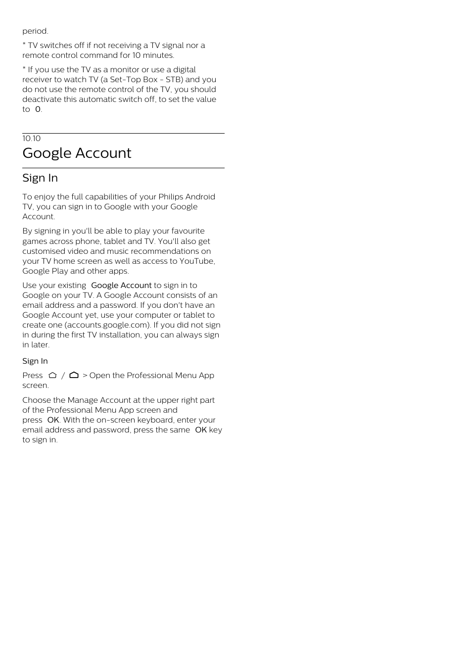 10 - google account, 10 google account, Google account | Sign in | Philips 70" B-Line 70BFL2114 4K UHD Digital Signage Display User Manual | Page 26 / 194