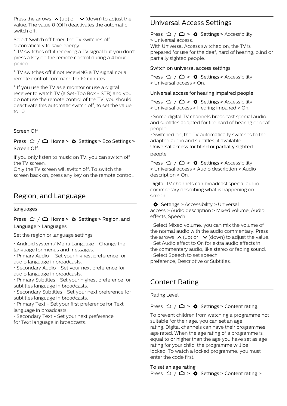 Region, and language, Universal access settings, Content rating | Philips 70" B-Line 70BFL2114 4K UHD Digital Signage Display User Manual | Page 30 / 194