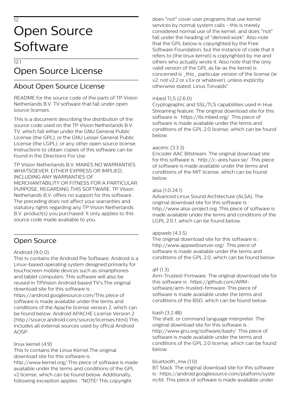 12 - open source software, 1 - open source license, 12 open source software | 1 open source license, Open source software, Open source license, About open source license, Open source | Philips 70" B-Line 70BFL2114 4K UHD Digital Signage Display User Manual | Page 38 / 194