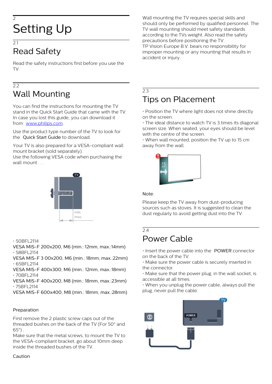 2 - setting up, 1 - read safety, 2 - wall mounting | 3 - tips on placement, 4 - power cable, 5 - antenna cable, 2 setting up, 1 read safety, 2 wall mounting, 3 tips on placement | Philips 70" B-Line 70BFL2114 4K UHD Digital Signage Display User Manual | Page 4 / 194