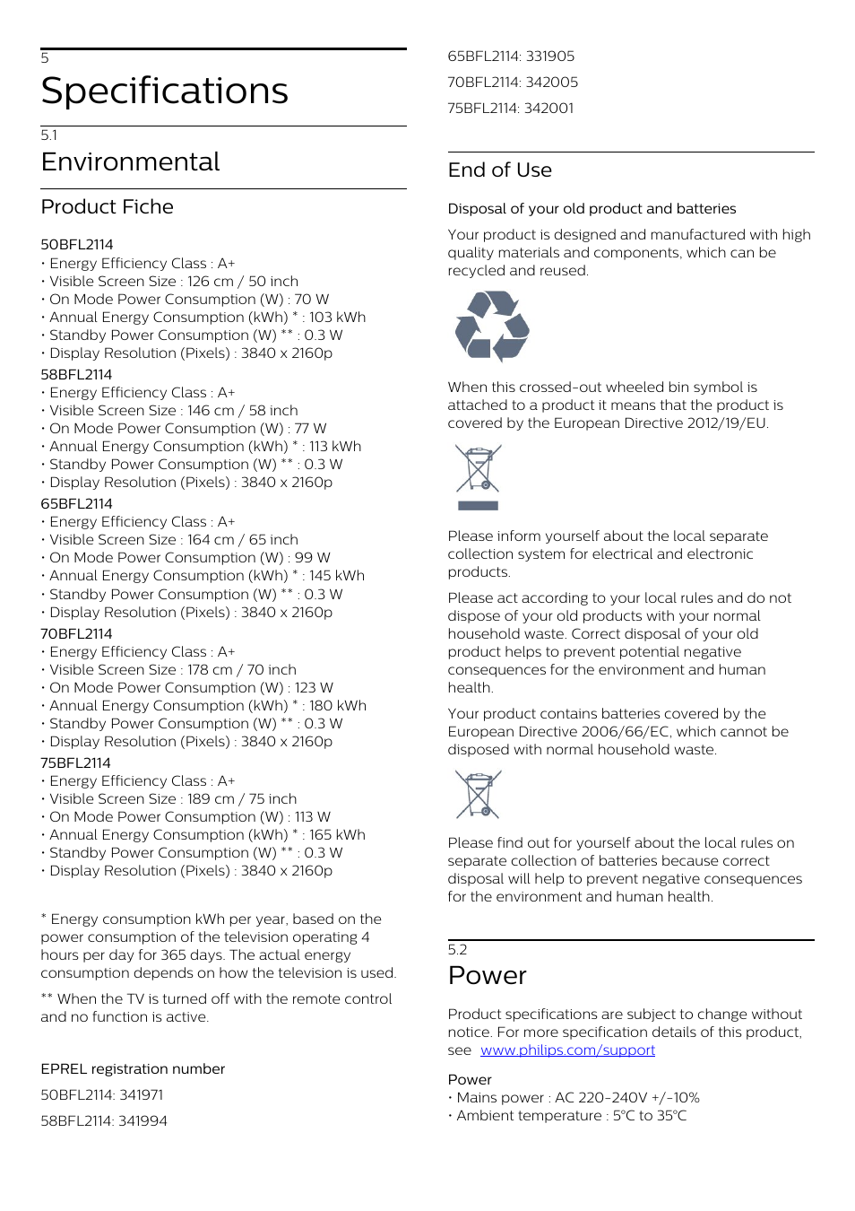 5 - specifications, 1 - environmental, 2 - power | 5 specifications, 1 environmental, 2 power, Specifications, Environmental, Power, Product fiche | Philips 70" B-Line 70BFL2114 4K UHD Digital Signage Display User Manual | Page 9 / 194