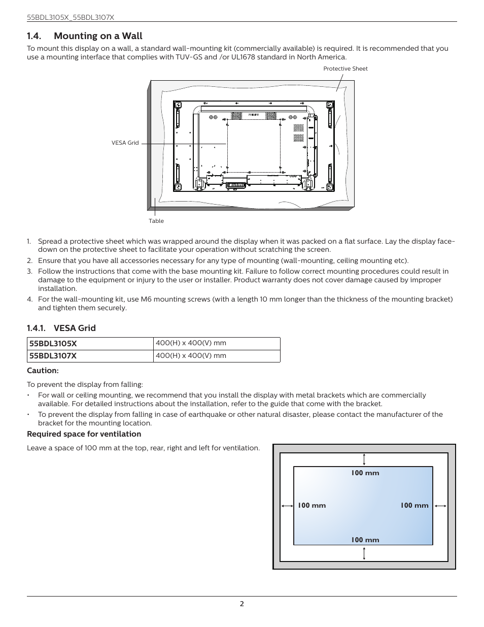 Mounting on a wall, Vesa grid | Philips X-Line BDL3107X 55" Full HD Video Wall Display User Manual | Page 13 / 50