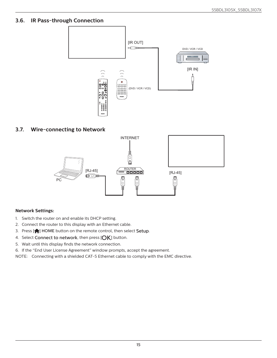 Ir pass-through connection, Wire-connecting to network, Network settings | Setup, Connect to network, Button on the remote control, then select, Select | Philips X-Line BDL3107X 55" Full HD Video Wall Display User Manual | Page 26 / 50