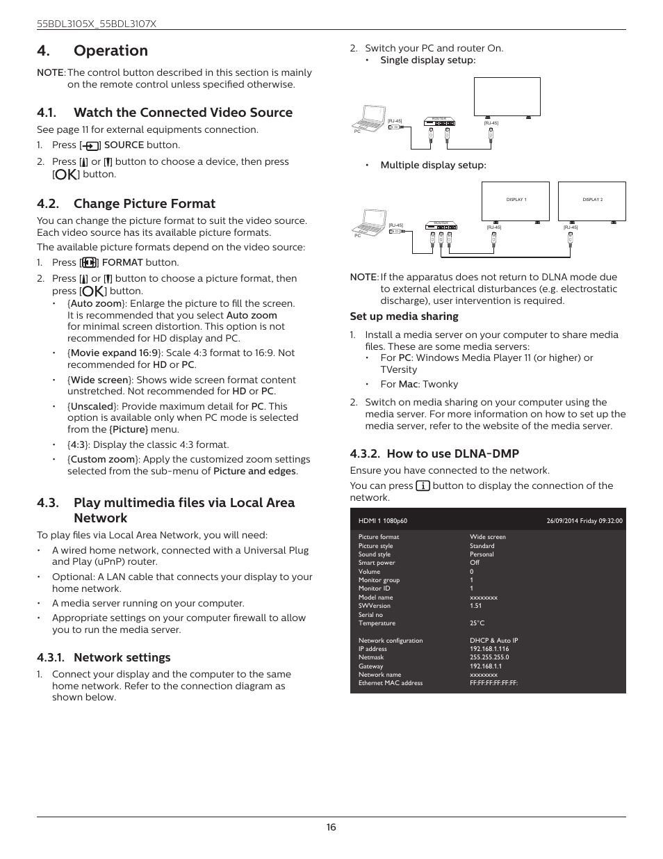 Operation, Watch the connected video source, Change picture format | Play multimedia files via local area network, Network settings, How to use dlna-dmp | Philips X-Line BDL3107X 55" Full HD Video Wall Display User Manual | Page 27 / 50