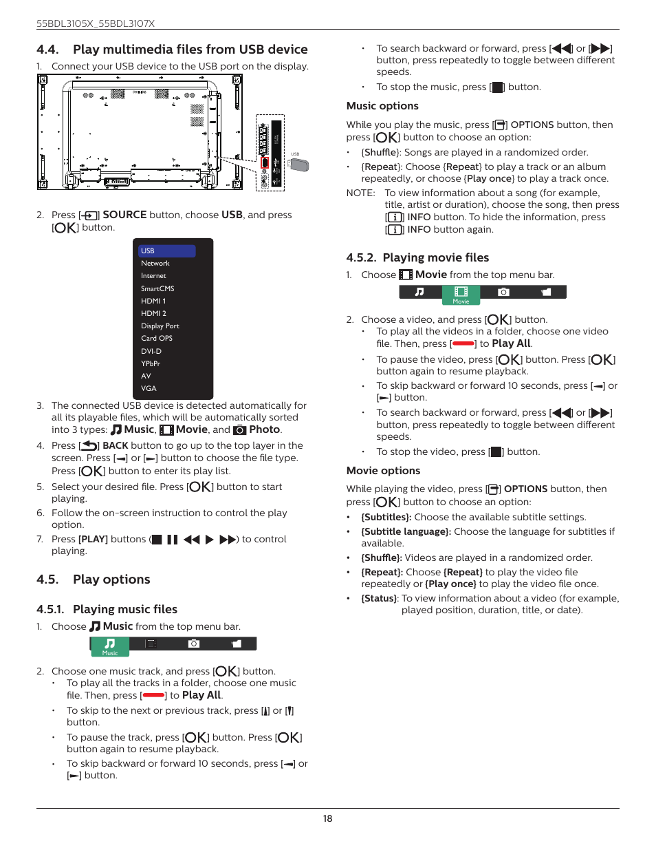 Play multimedia files from usb device, Play options, Playing music files | Playing movie files, Playing music files 4.5.2. playing movie files | Philips X-Line BDL3107X 55" Full HD Video Wall Display User Manual | Page 29 / 50