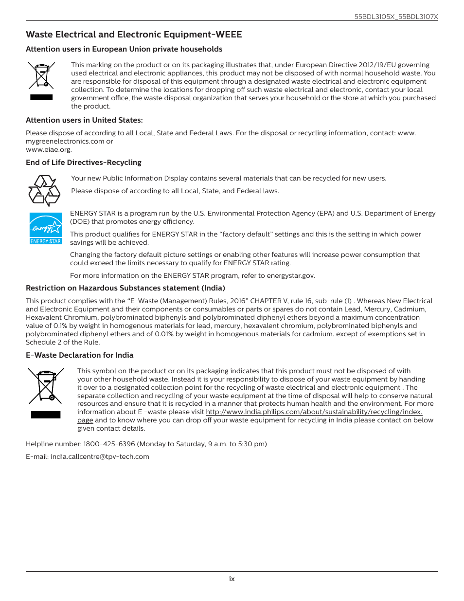 Waste electrical and electronic equipment-weee | Philips X-Line BDL3107X 55" Full HD Video Wall Display User Manual | Page 9 / 50