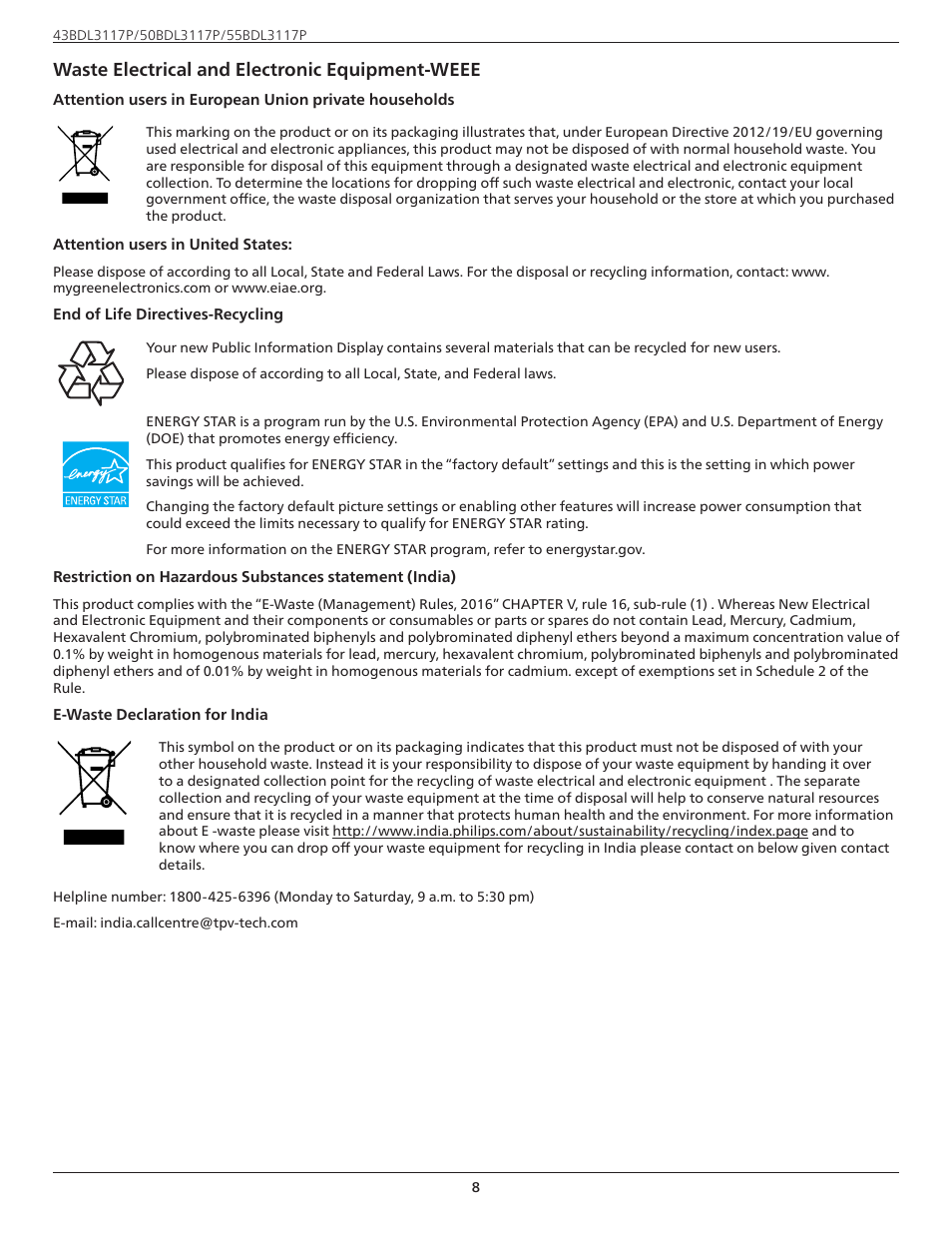 Waste electrical and electronic equipment-weee | Philips P-Line 43" UHD 4K Digital Signage Display User Manual | Page 10 / 47