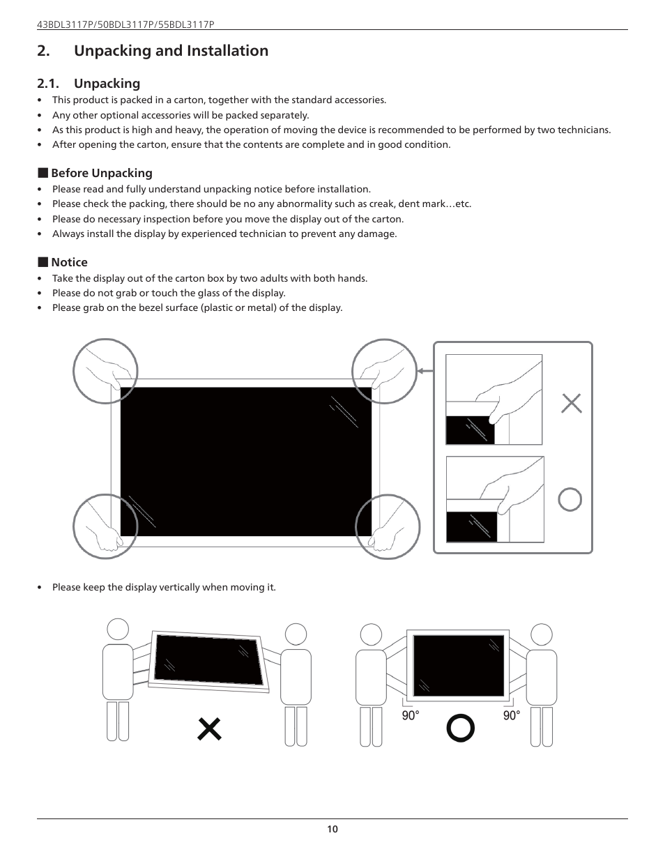 Unpacking and installation | Philips P-Line 43" UHD 4K Digital Signage Display User Manual | Page 12 / 47