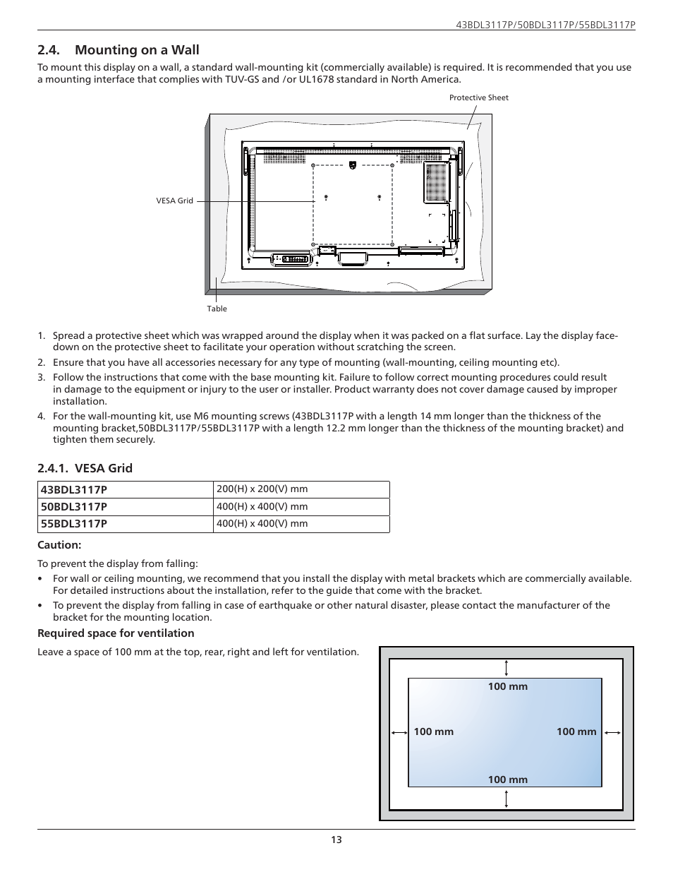 Mounting on a wall | Philips P-Line 43" UHD 4K Digital Signage Display User Manual | Page 15 / 47