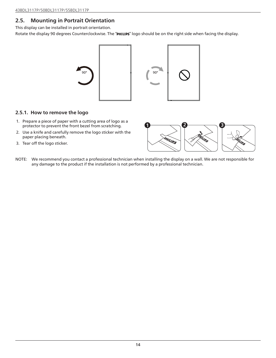 Mounting in portrait orientation | Philips P-Line 43" UHD 4K Digital Signage Display User Manual | Page 16 / 47