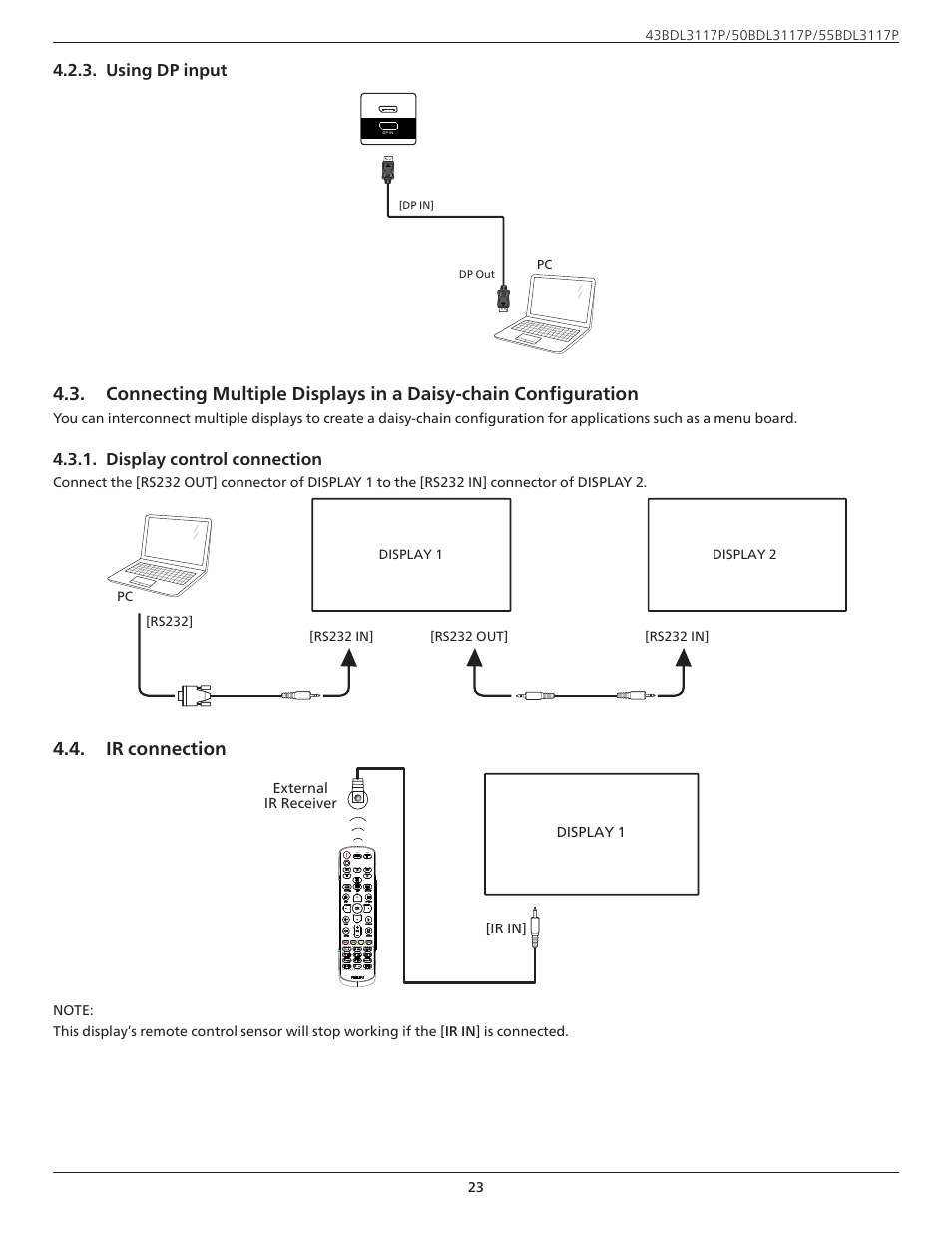 Ir connection, Using dp input, Display control connection | Philips P-Line 43" UHD 4K Digital Signage Display User Manual | Page 25 / 47