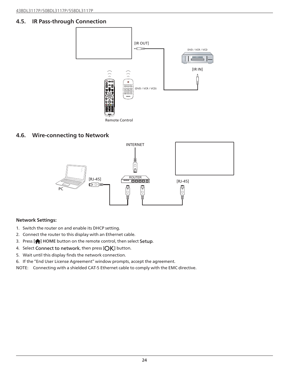 Ir pass-through connection, Wire-connecting to network | Philips P-Line 43" UHD 4K Digital Signage Display User Manual | Page 26 / 47