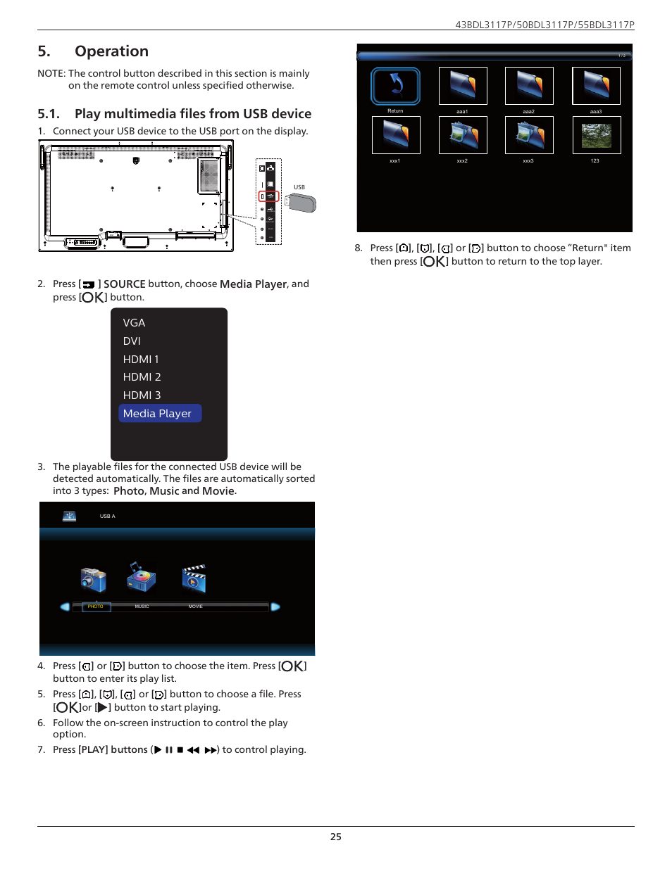 Operation, Play multimedia files from usb device | Philips P-Line 43" UHD 4K Digital Signage Display User Manual | Page 27 / 47