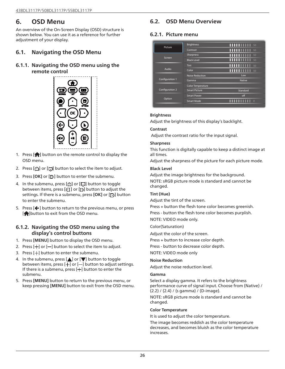 Osd menu, Navigating the osd menu, Osd menu overview | Navigating the osd menu using the remote control, Picture menu | Philips P-Line 43" UHD 4K Digital Signage Display User Manual | Page 28 / 47