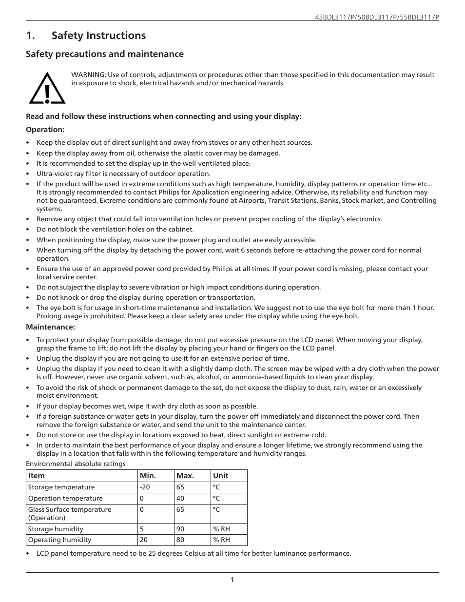Safety instructions, Safety precautions and maintenance | Philips P-Line 43" UHD 4K Digital Signage Display User Manual | Page 3 / 47