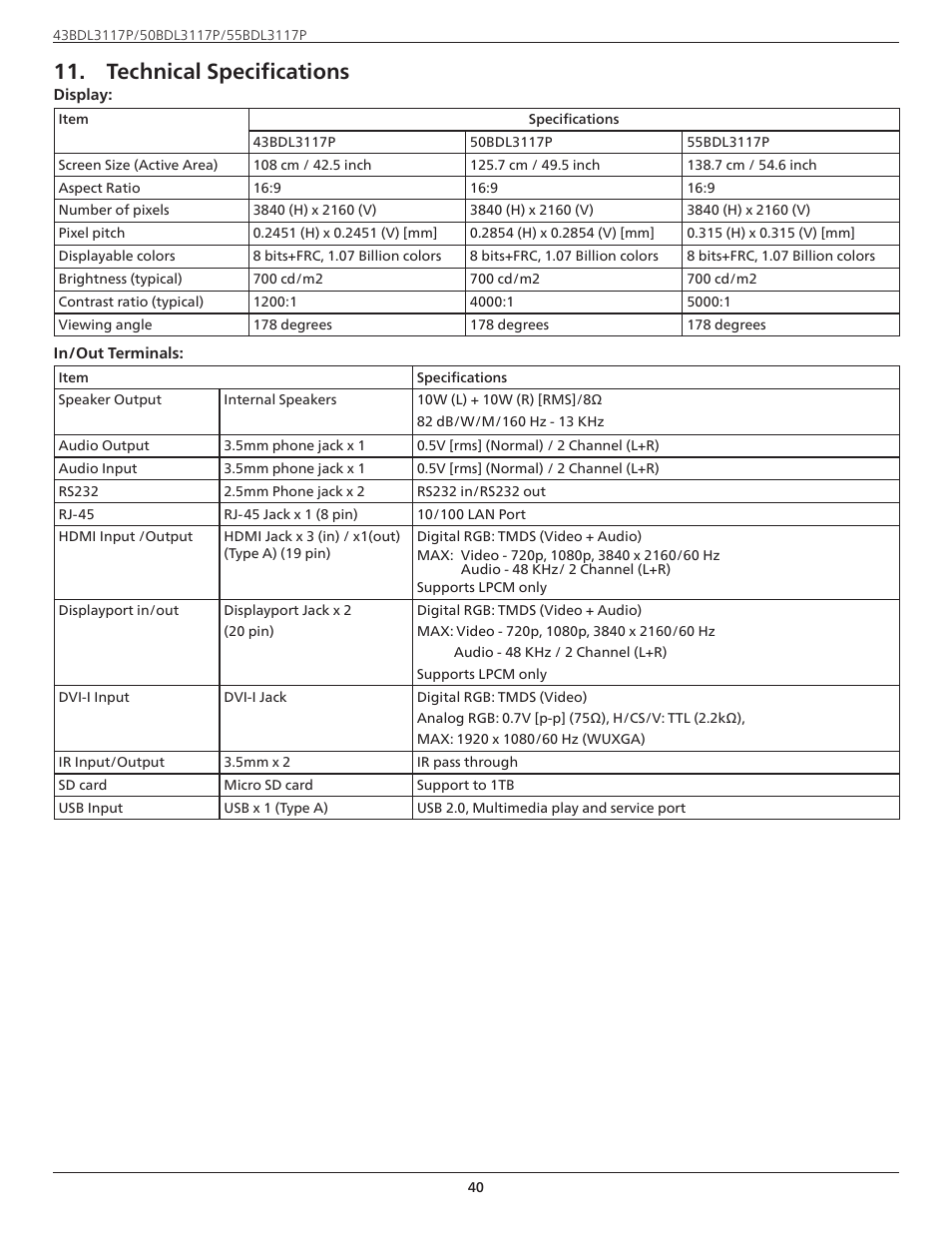 Technical specifications | Philips P-Line 43" UHD 4K Digital Signage Display User Manual | Page 42 / 47